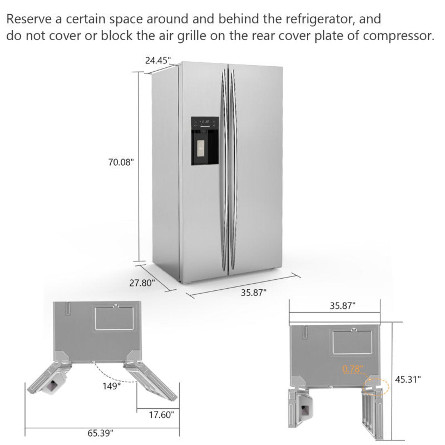 Kismile 36" Side By Side 20.01 Cu. ft. Built-in Refrigerator with Freezer & Ice Maker Included